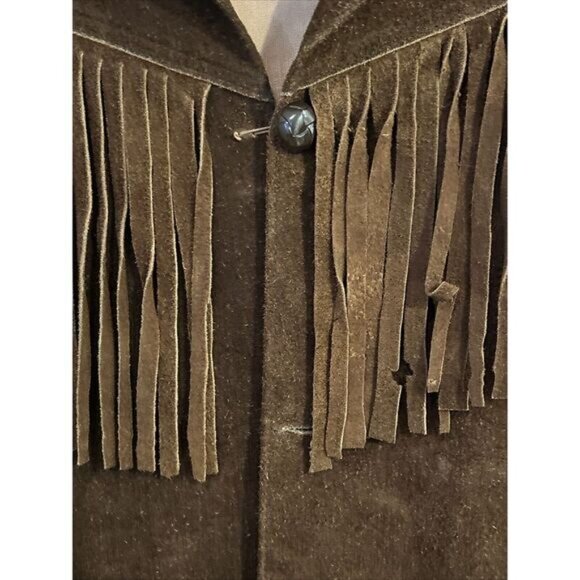 Pypsa Mens Brown Suede Long Sleeve Fringe Collared Button Front Jacket Size 38 - Picture 3 of 6